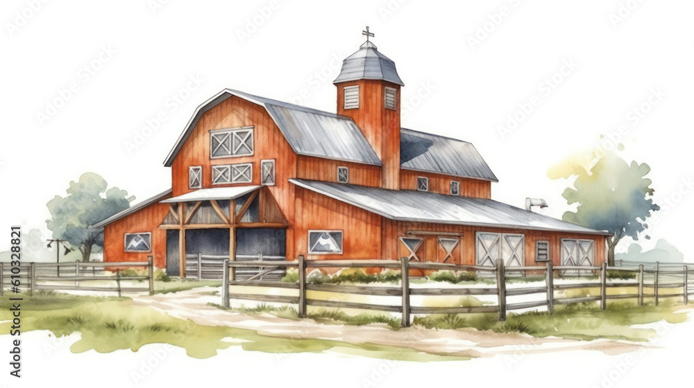 Red farm house barn. Watercolor illustration landscape white isolated background. Generative AI.