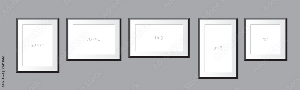 Set of picture or painting frames in 50 x 70, 16:9 and 1:1 proportions. Black frames, hite passepartout. Editable vector. Set of picture or painting frames in 50 x 70, 16:9 and 1:1 proportions. Black frames, hite passepartout. Editable vector.