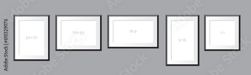 Set of picture or painting frames in 50 x 70, 16:9 and 1:1 proportions. Black frames, hite passepartout. Editable vector.