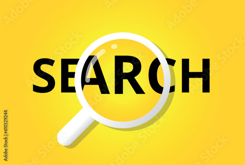 Magnifying glass over the word SEARCH on yellow background