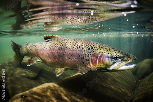 Rainbow trout swims in the clear water of the river. Underwater photo. Photorealistic illustration generative AI.