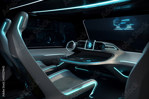 Black driverless car interior with futuristic dashboard for autonomous control system . Inside view of cockpit HUD using AI artificial intelligence sensor to drive car without driver. Generative AI © Valeriia
