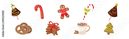 Sweet Christmas Treat with Cookie and Candy Cane Vector Set