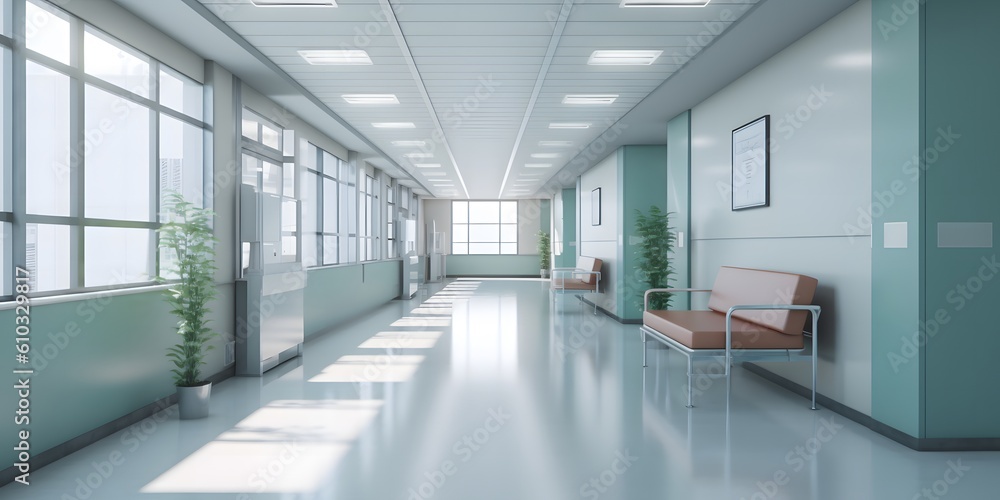 Blurred interior of hospital - abstract medical background. Generative AI