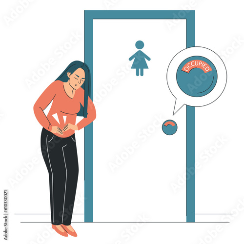 Woman with diarrhea standing at public restroom vector isolated. Female character feels stomachache, full bowel.