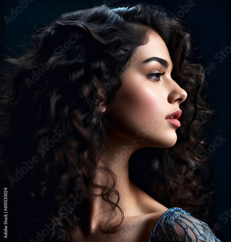 Portrait of a beautiful young woman with long curly hair. Beauty, fashion.. Generative AI