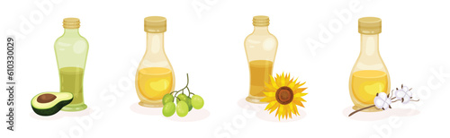 Organic Herbal Oil Poured in Glass Corked Jars Vector Set