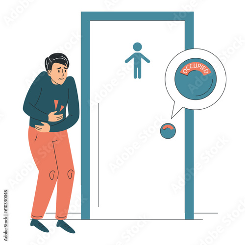 Man with diarrhea standing at public restroom vector isolated. Male character feels stomachache, full bowel.
