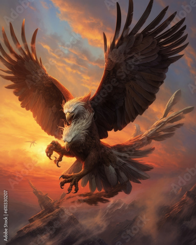 A giant two headed eagle soaring through a sunset sky carrying a slain warrior in Fantasy art concept. AI generation © Justlight