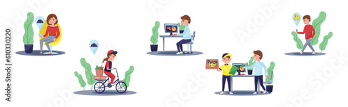 Food Delivery Service with Courier and People Customer Use Mobile App Vector Set