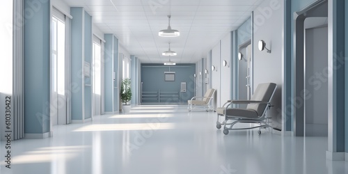 Blurred interior of hospital - abstract medical background. Generative AI photo