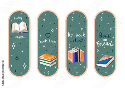 Cute Bookmarks. Set of paper bookmark templates for book lovers. Vertical postcards. Vector.