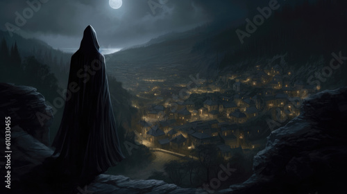 A tall figure cloaked in shadows stares down at a small village its eyes glinting Fantasy art concept. AI generation