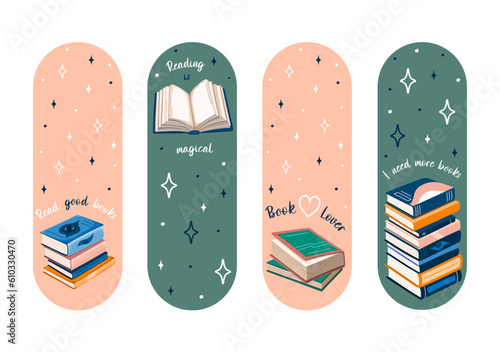 Cute Bookmarks. Set of paper bookmark templates for book lovers. Vertical postcards. Vector.