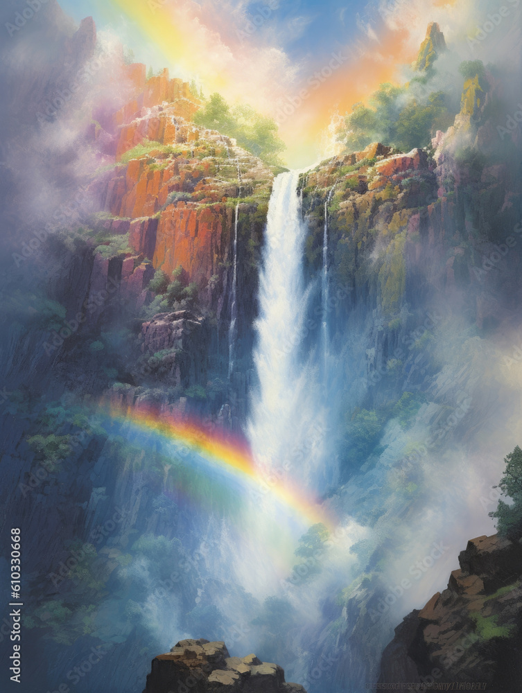A majestic waterfall cascading over a cliff of multicolored crystals with a rainbow Fantasy art concept. AI generation