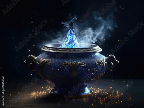 A dark blue elixir with silver sparks dancing around it inside an ornate goldrimmed Fantasy art concept. AI generation photo