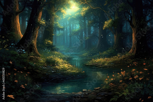 A quiet stillness pervades the mystical forest its tranquility punctured only by the Fantasy art concept. AI generation