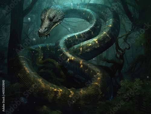 A large serpentlike creature slithering through a dense and dark forest scales shimmering Fantasy art concept. AI generation
