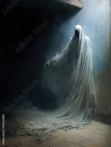 From the darkest corner of a dusty room a wretched figure of a wraith haunts the dreams Fantasy art concept. AI generation