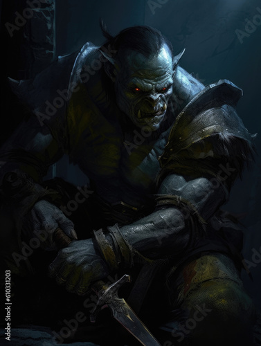 A devious orc crouches in the shadows a curved sword in its hand as a greedy glint Fantasy art concept. AI generation