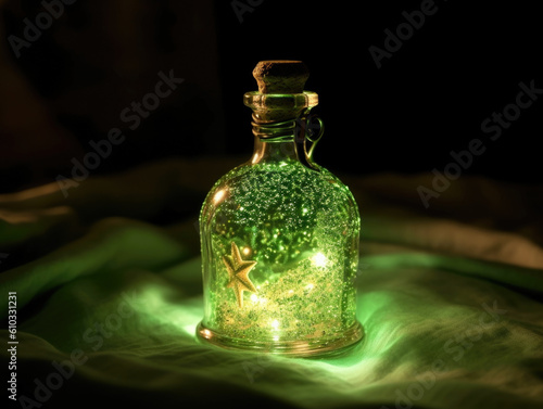 A glowing green potion sitting in a glass bottle corked and suspended in midair on Fantasy art concept. AI generation