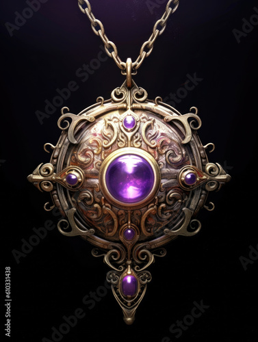 A glowing purple amulet suspended from a gold chain its center decorated with a striking Fantasy art concept. AI generation photo