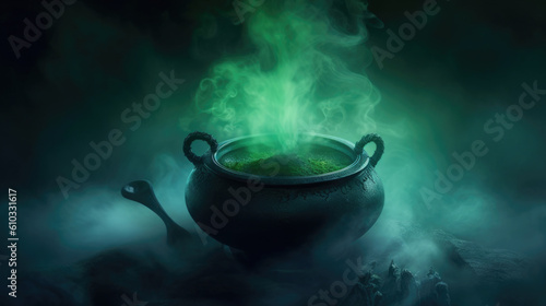 A cauldron bubbling with a mysterious green mist its swirling vapours slowly fading Fantasy art concept. AI generation