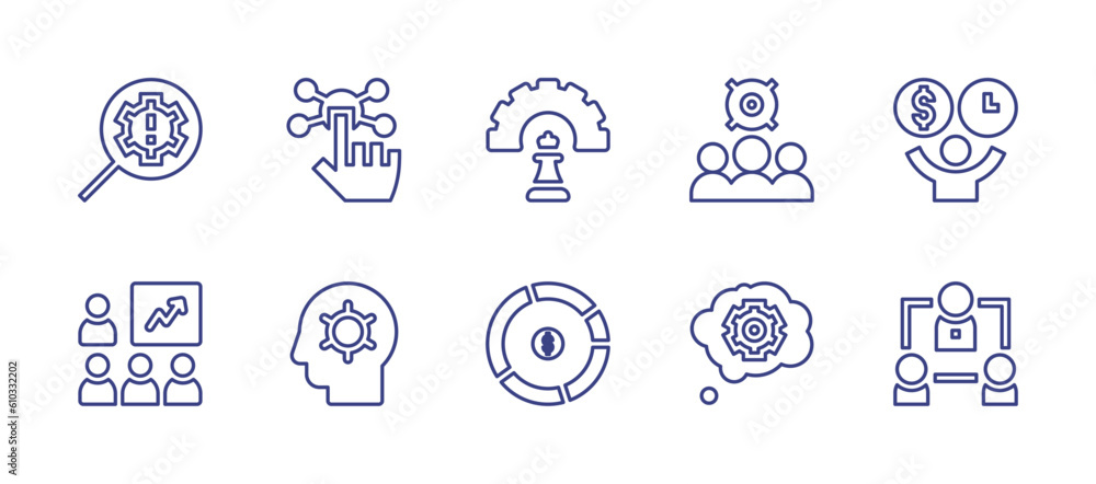 Business management line icon set. Editable stroke. Vector illustration. Containing identify, management, teamwork, decision, brief, money management, thinking, hierarchical structure.