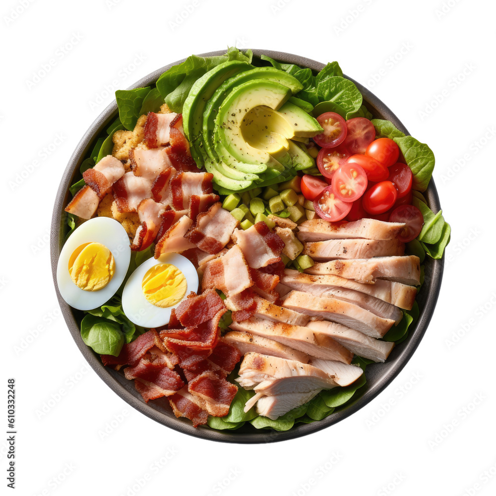 Cobb salad on white plate, Generative AI