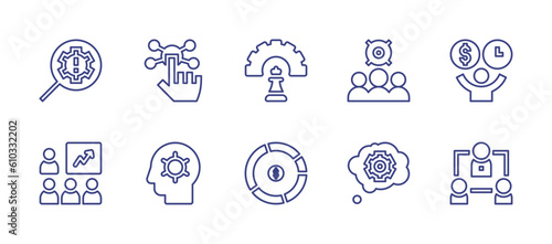 Business management line icon set. Editable stroke. Vector illustration. Containing identify, management, teamwork, decision, brief, money management, thinking, hierarchical structure.