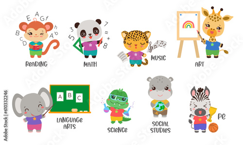 Back to school bundle cute animal students. Elementary school subjects icon set with kawaii safari animals. Cartoon clipart for educational projects like web or print. Happy students enjoy studying.