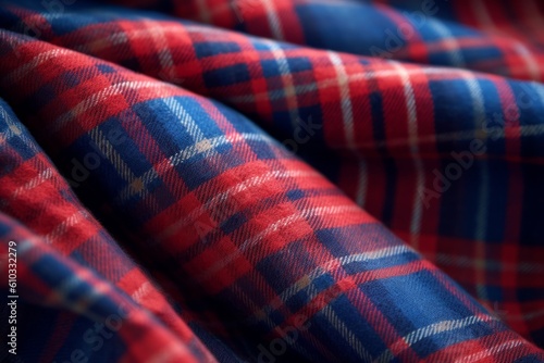 Close up of a checkered plaid fabric. Tartan fabric macro shot. Ai generated.