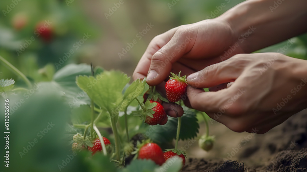 People picking ripe strawberries close-up. AI generation