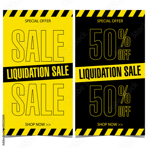 Sale and discount black-yellow banner for shopping season, stock liquidation special offer, price reduction promotion campaign and advertising during holiday and weekend. Vector illustration.