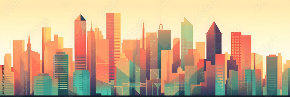 Urban landscape skyline banner - geometric shapes and pastel colors - Generative AI