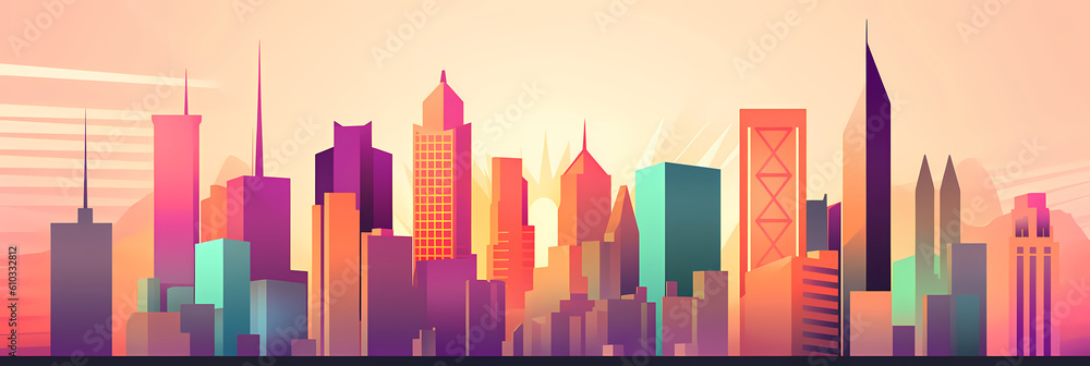 Urban landscape skyline banner - geometric shapes and pastel colors - Generative AI
