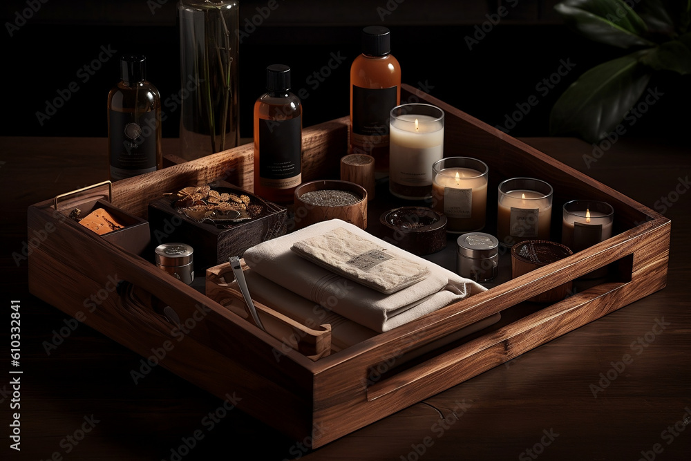 Candle, spa and relax with aromatherapy treatment in a tray in a room for luxury or wellness on wooden tray. Health and massage, skincare, spa or relaxation concept. Generative AI Technology