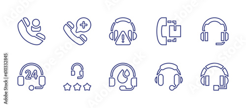 Call center line icon set. Editable stroke. Vector illustration. Containing contact person, emergency call, crisis, helpline, headset, customer support, rating, flood.