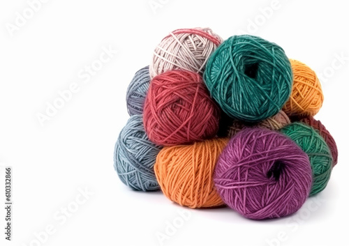 Multicolored knitting threads on a white background.