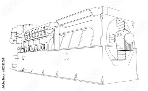 High voltage industrial standby dieasel generator at a power generation. The layers of visible and invisible lines are separated. EPS10 format. Wire-frame