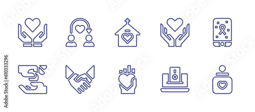 Charity line icon set. Editable stroke. Vector illustration. Containing caring, donor, shelter, give love, awareness day, alms, hands, heart, online, donation.