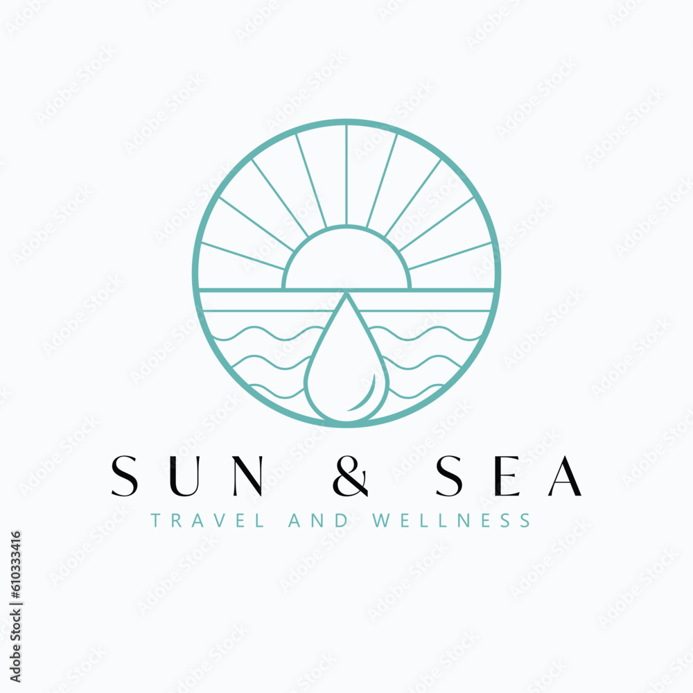 Sun and sea vector logo design. Sunset or sunrise and ocean logotype. Tropical travel logo template. Sun and sea vector logo design. Sunset or sunrise and ocean logotype. Tropical travel logo template.