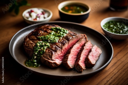 flank steak thinly sliced and served with chimichurri sauce and a side salad on a plate photo