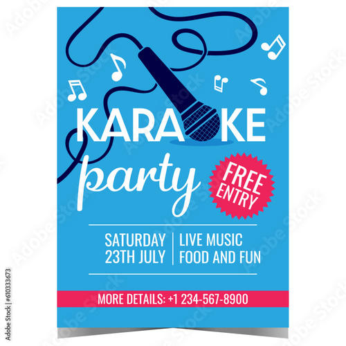 Karaoke music party poster or invitation flyer with microphone and musical notes on blue background. Vector illustration for live music disco dance event, vocal contest in karaoke bar or night club.