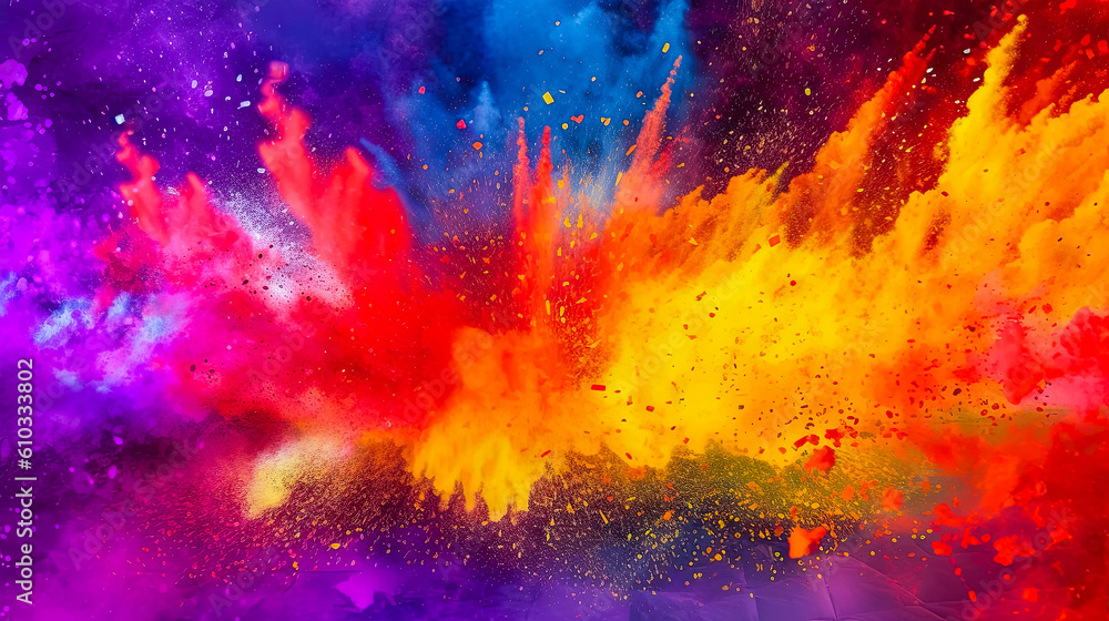 Splashes of colorful paint for holi festival, idea for background or banner, AI generated