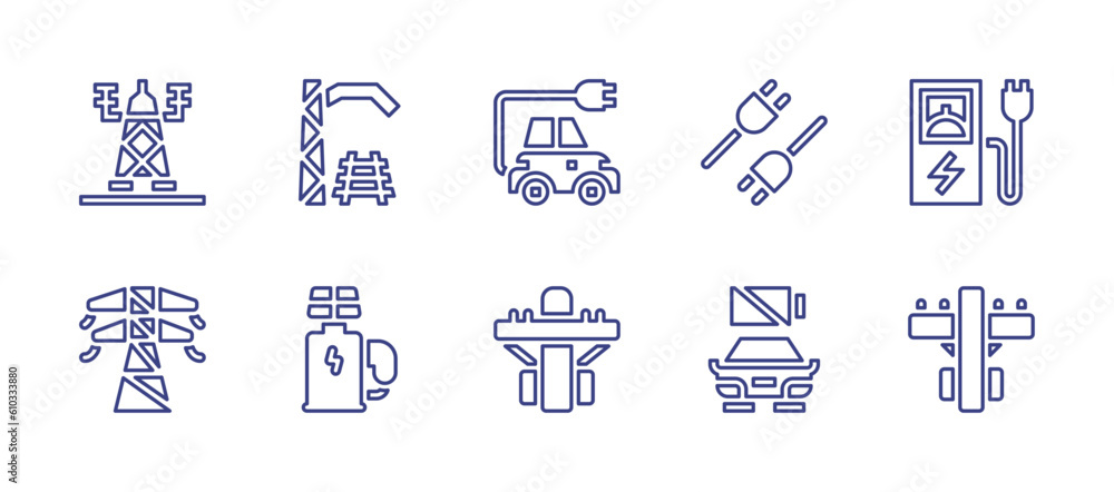 Electricity line icon set. Editable stroke. Vector illustration. Containing electric tower, electric car, electricity, electric power, electric station, electric pole.