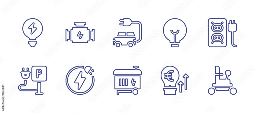 Electricity line icon set. Editable stroke. Vector illustration. Containing bulb, engine, electric car, lightbulb, socket, charging station, electricity, generator, price, wheelchair.