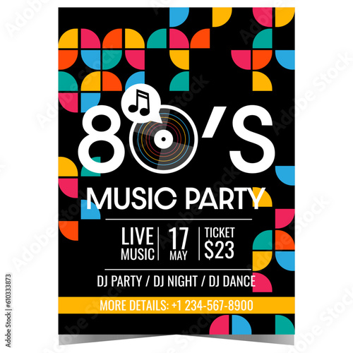 Party poster for techno retro music event. Vector illustration of 80's retro style design template with vinyl record suitable for live music disco dance night invitation, promotion banner or flyer.