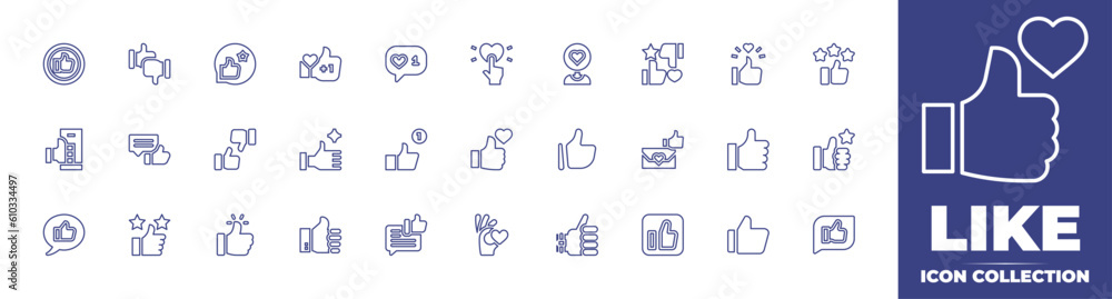 Like line icon collection. Editable stroke. Vector illustration. Containing approved, like, customer feedback, thumb up, reaction, follower, marketing, rating, smartphone, disagreement, and more.