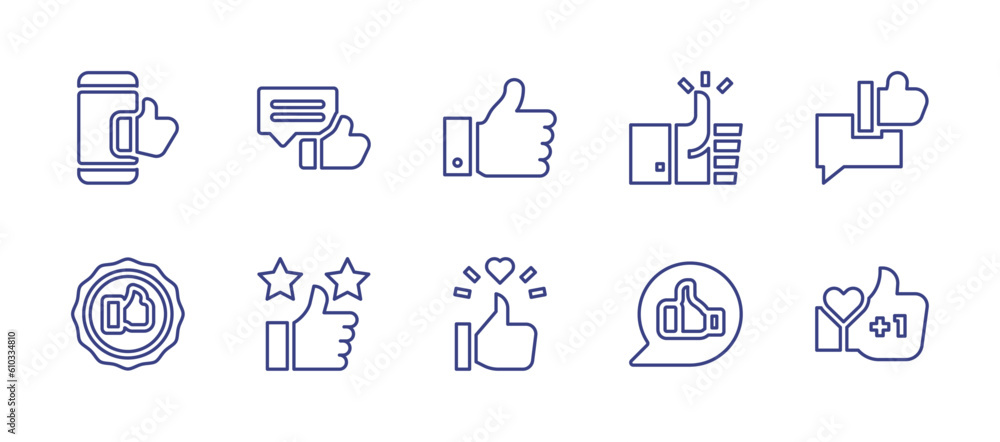 Like line icon set. Editable stroke. Vector illustration. Containing smartphone, like, thumbs up, feedback, badge, review, thumb up.